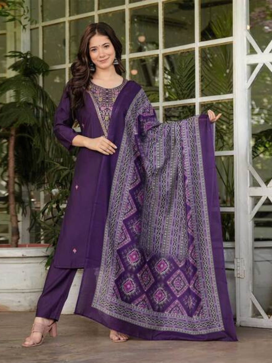 Wine Rayon Slub Elegant Kurta Pant Set With Embroidery Work