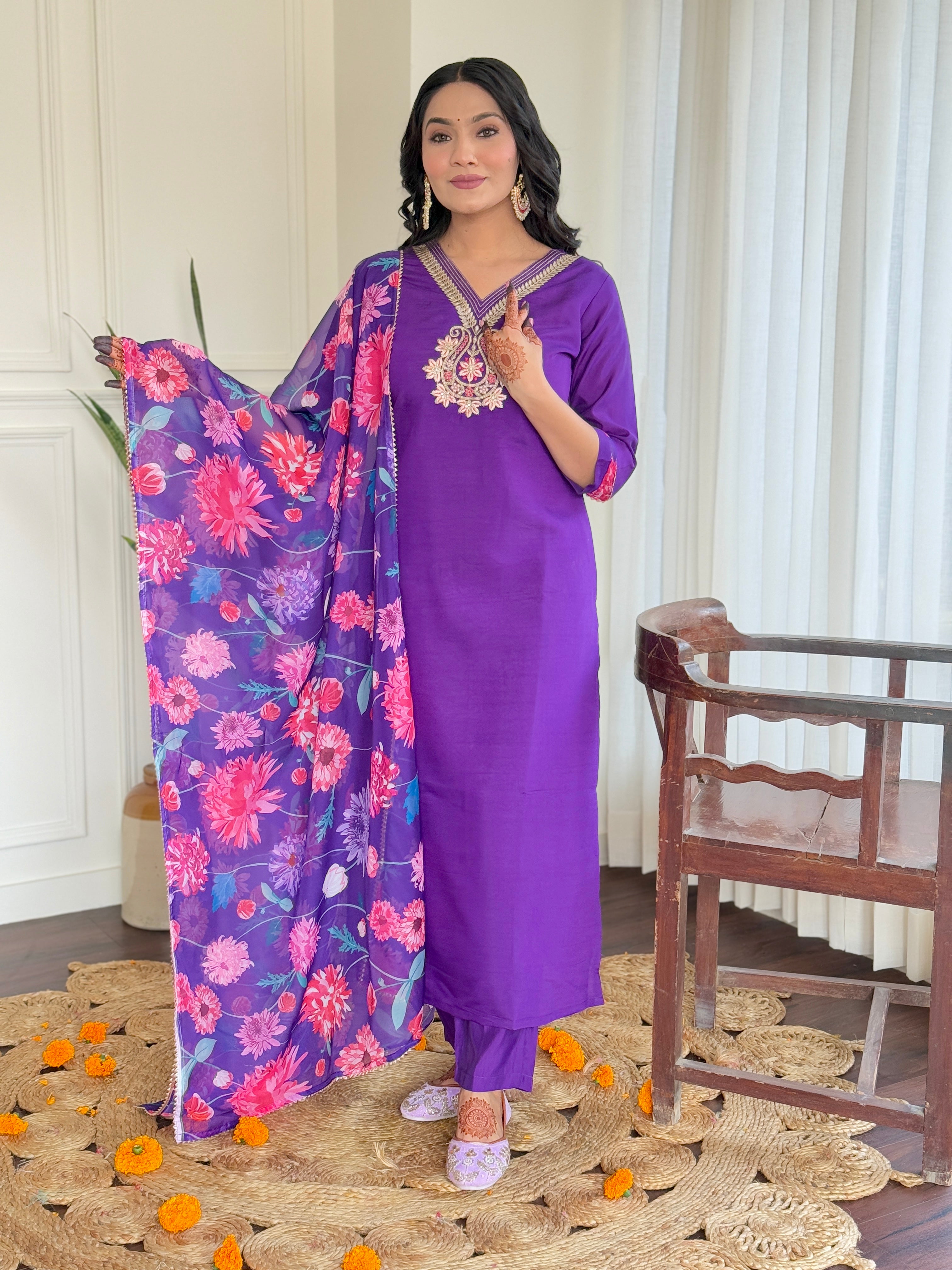 Wine Roman Silk Elegant Kurta Pant Set With Embroidery Work