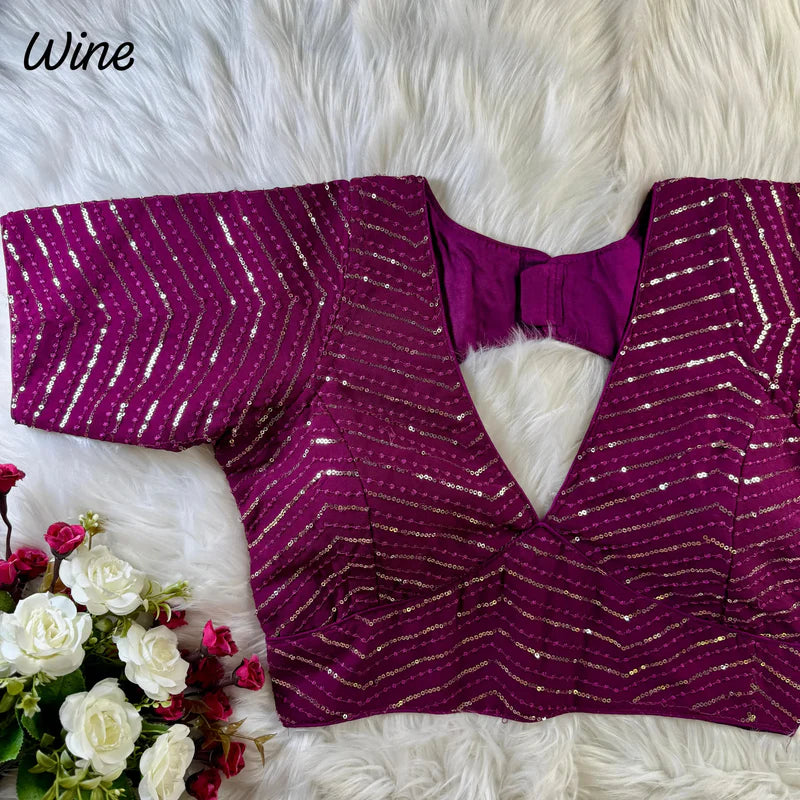 Wine Sabyasachi-Inspired Deep Neck Embroidered Faux Georgette Blouse with Sequin Work