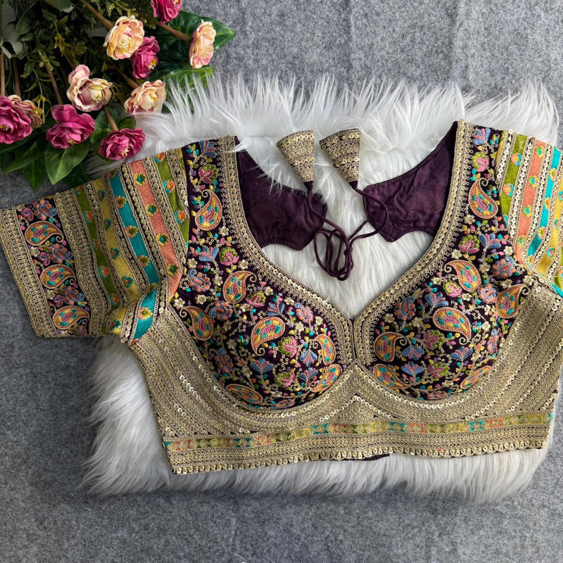 Wine Sabyasachi Style Heavy Kashmiri Thread & Cording Work Fox Georgette Blouse for Women