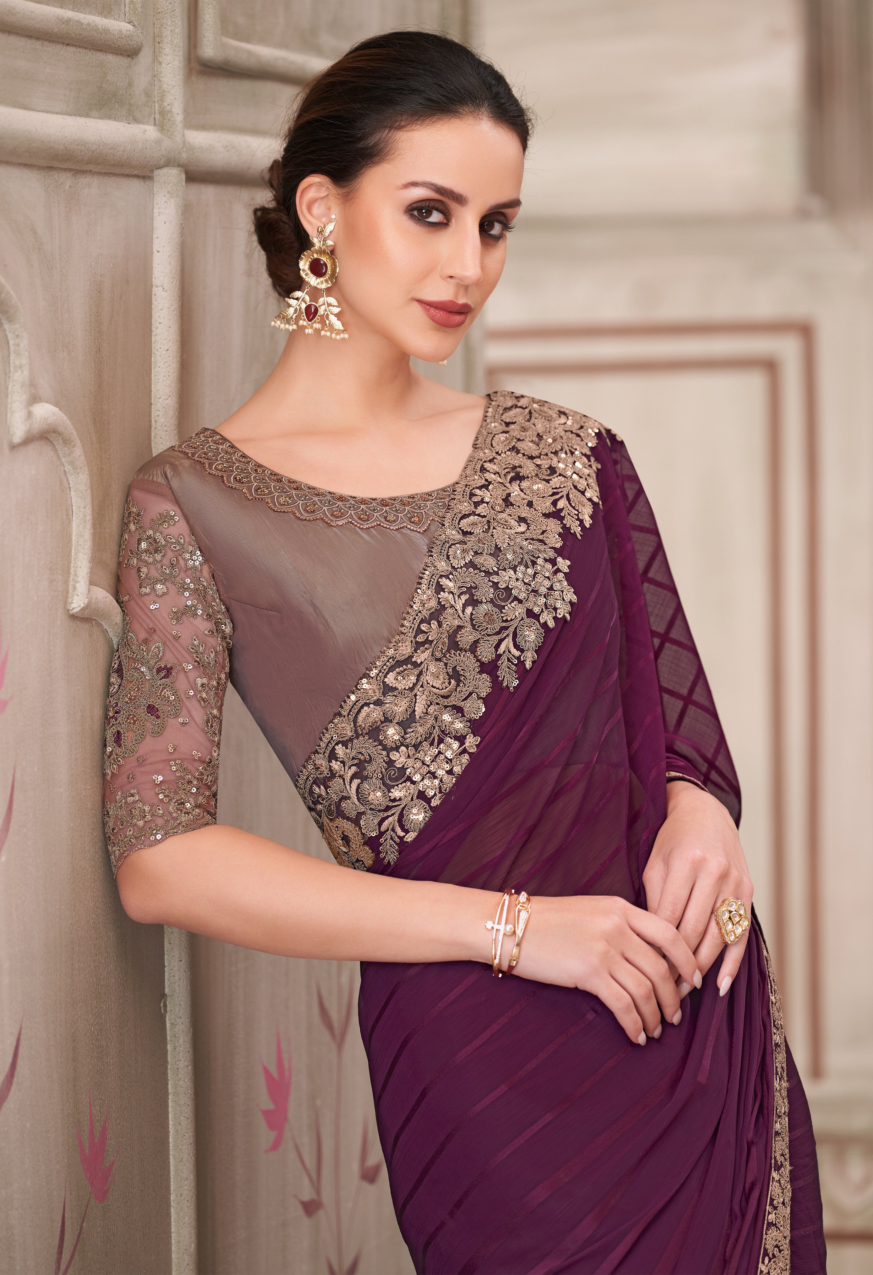 Wine Saree With  Heavy Thread Embroidery Sequins Border Work With Embroidery Blouse