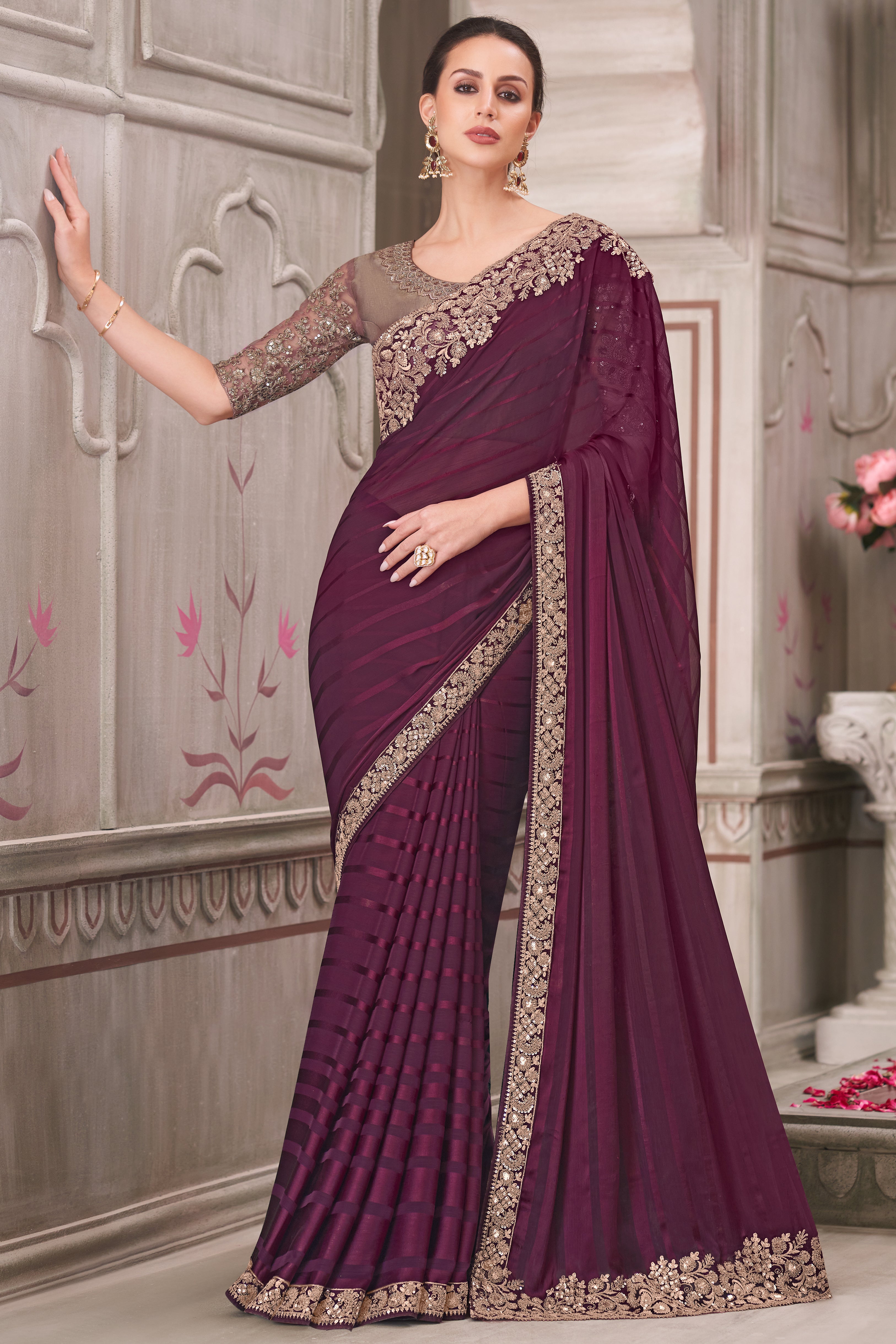 Wine Saree With  Heavy Thread Embroidery Sequins Border Work With Embroidery Blouse