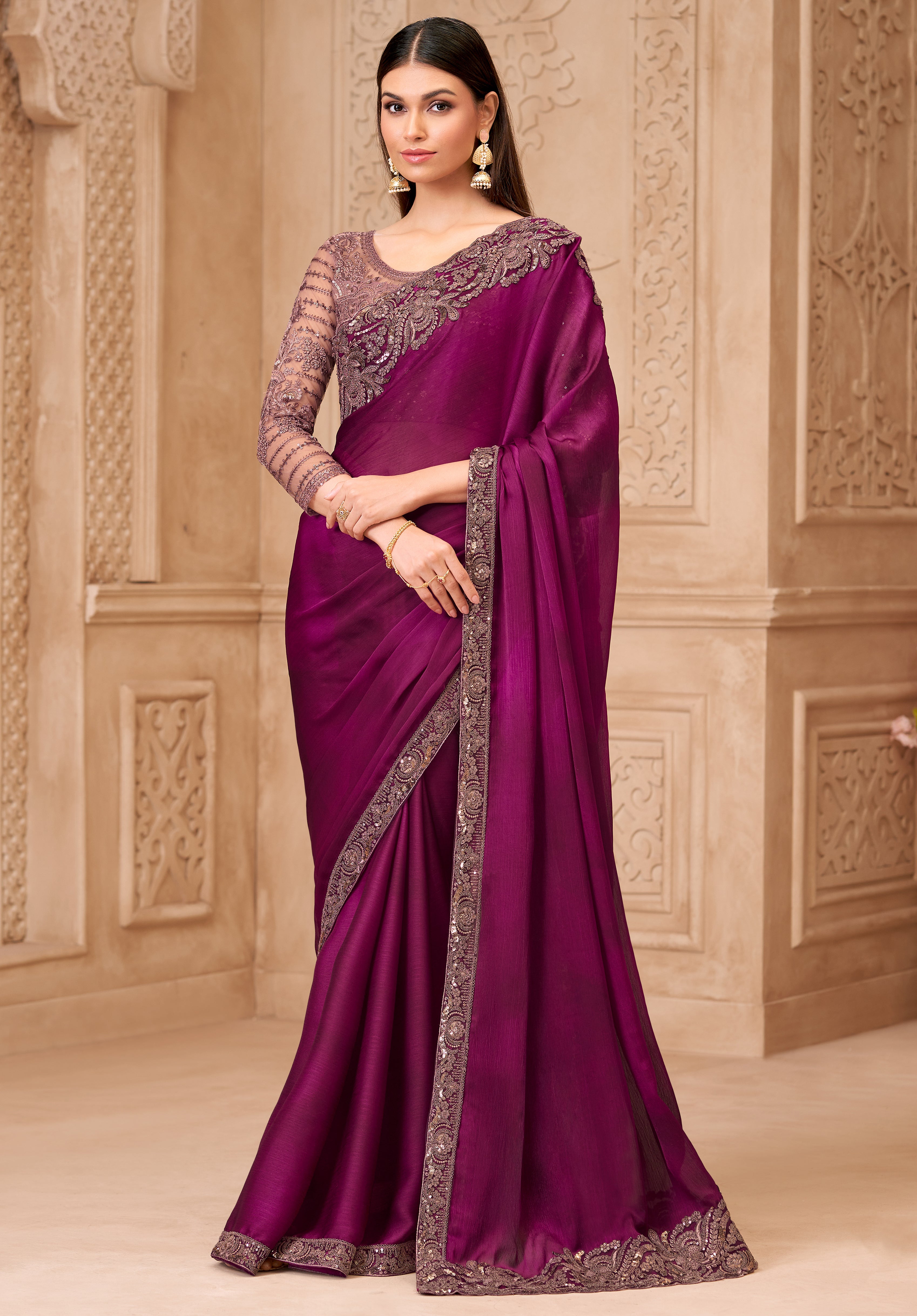 Wine Saree With  Heavy Thread Embroidery Sequins Border Work With Embroidery Blouse