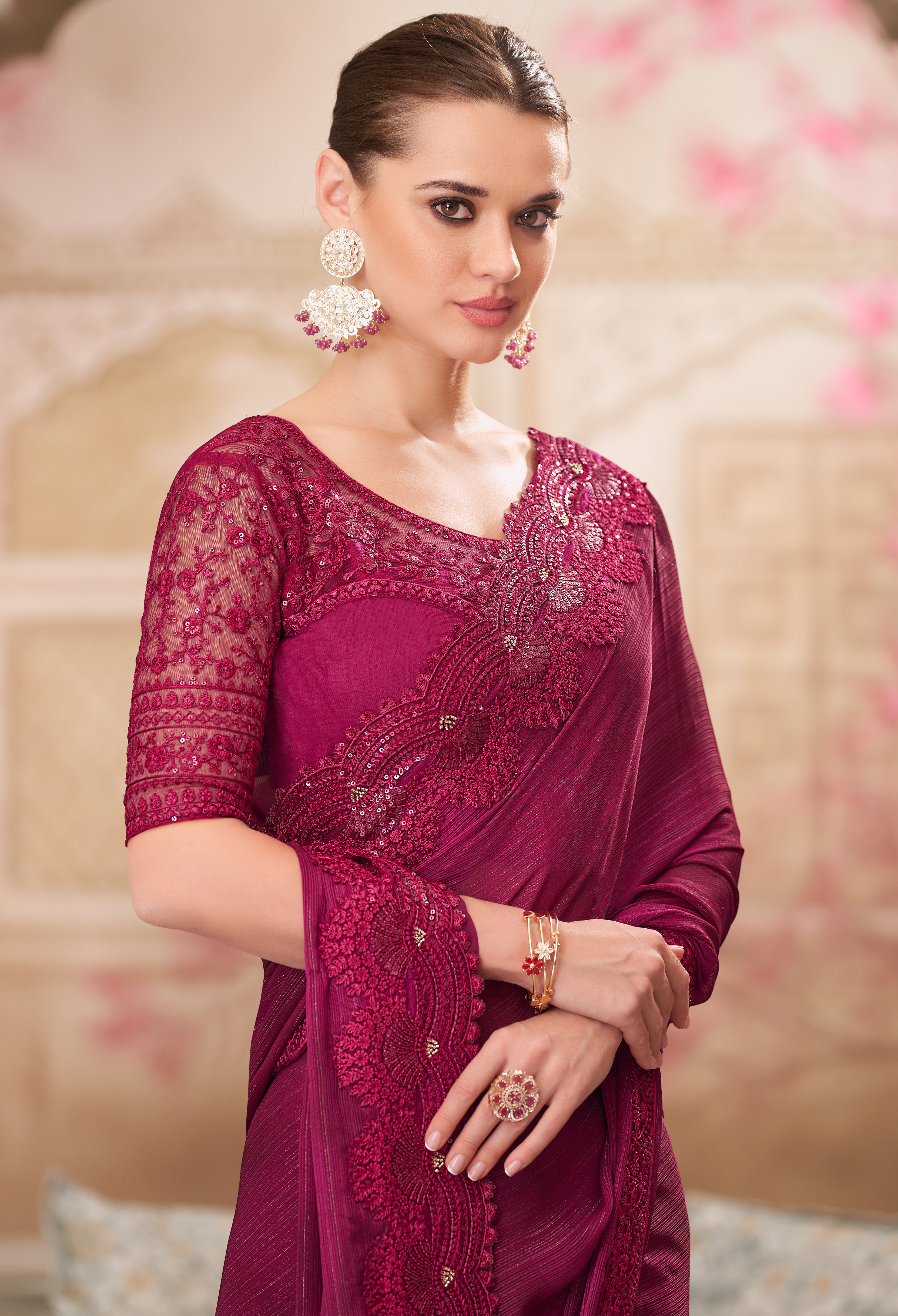 Wine Saree With  Heavy Thread Embroidery Sequins Border Work With Embroidery Blouse