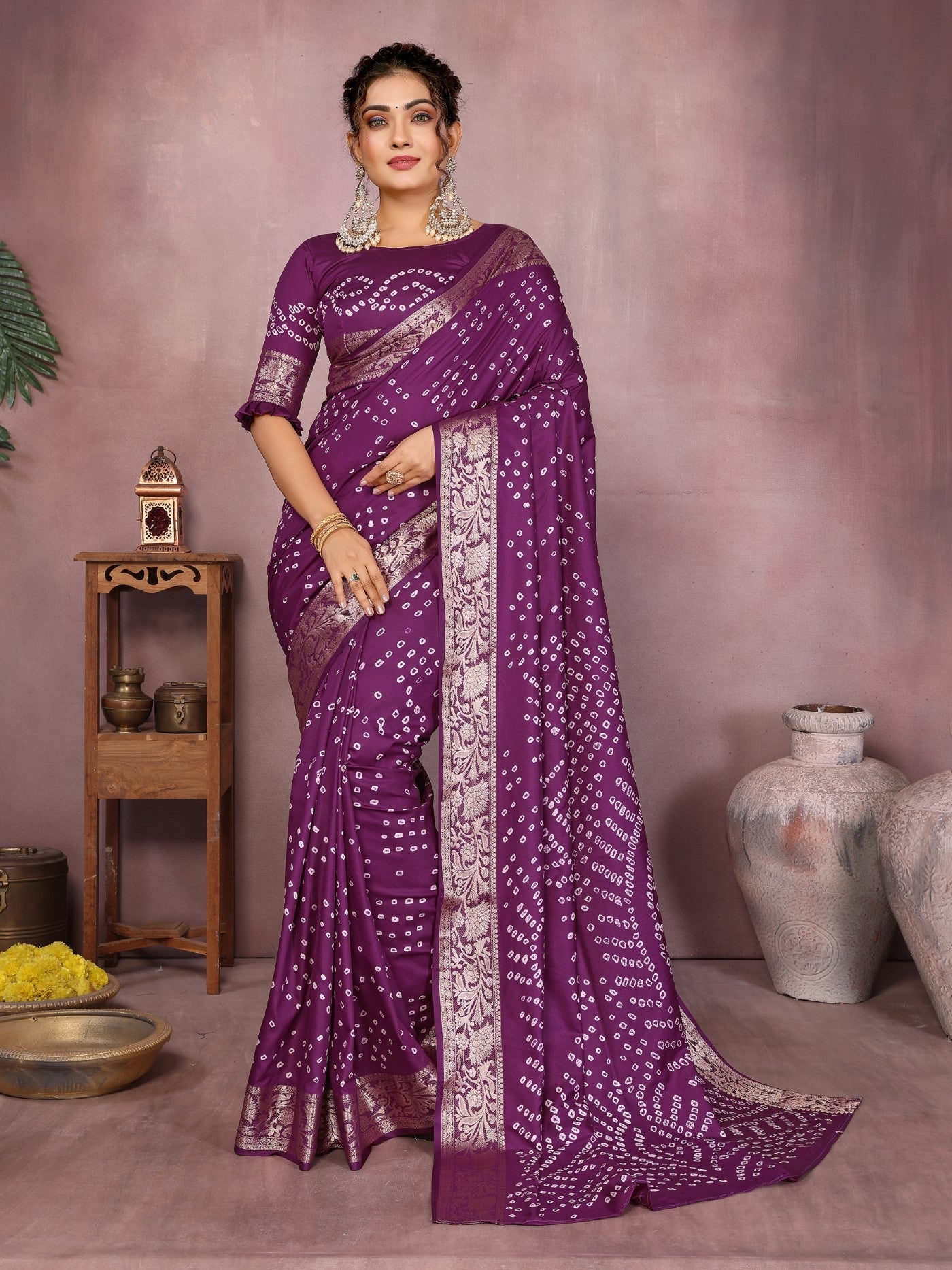 Wine Silk Saree With Bandhej And Designer Zari Weaving