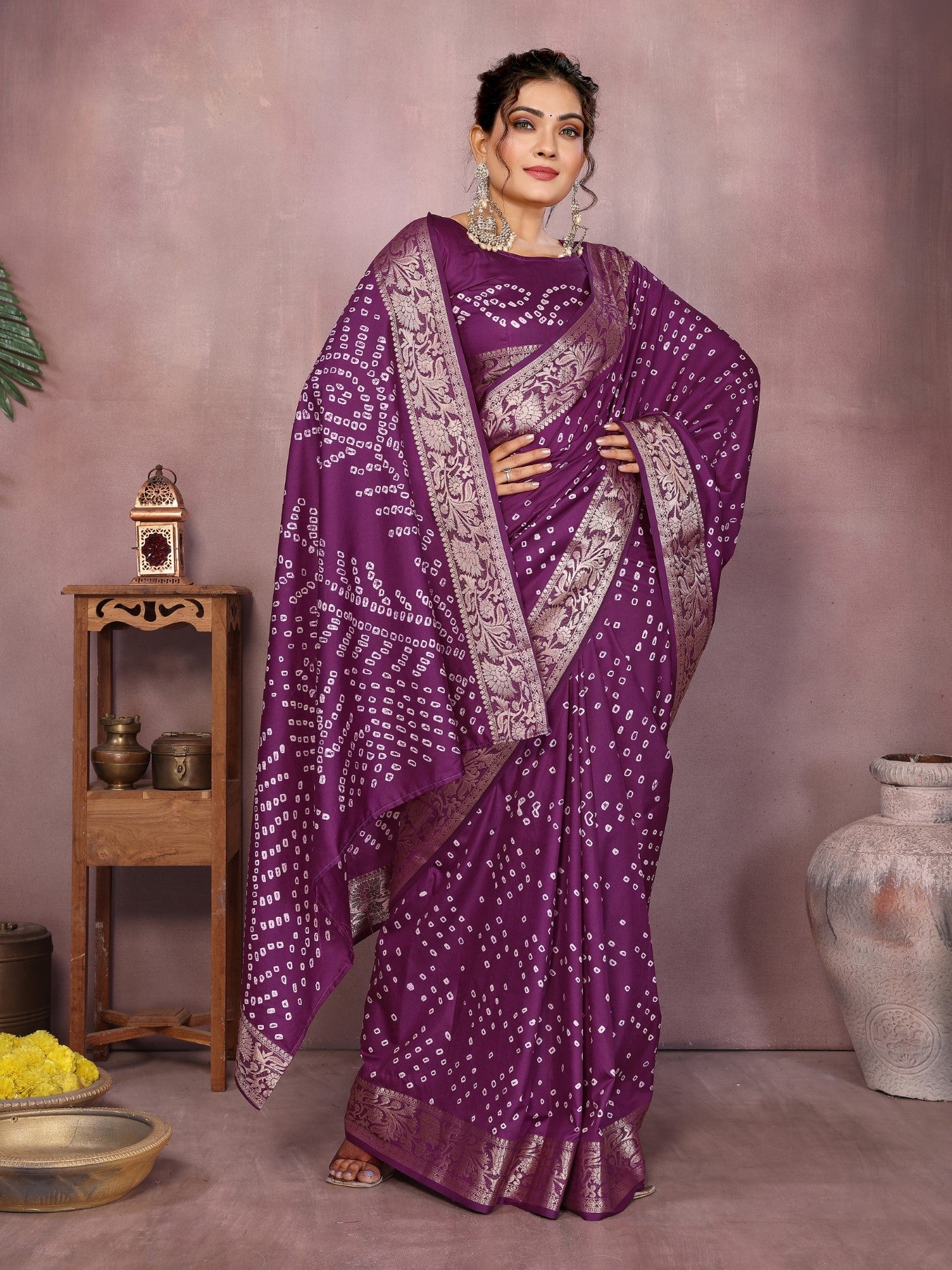 Wine Silk Saree With Bandhej And Designer Zari Weaving