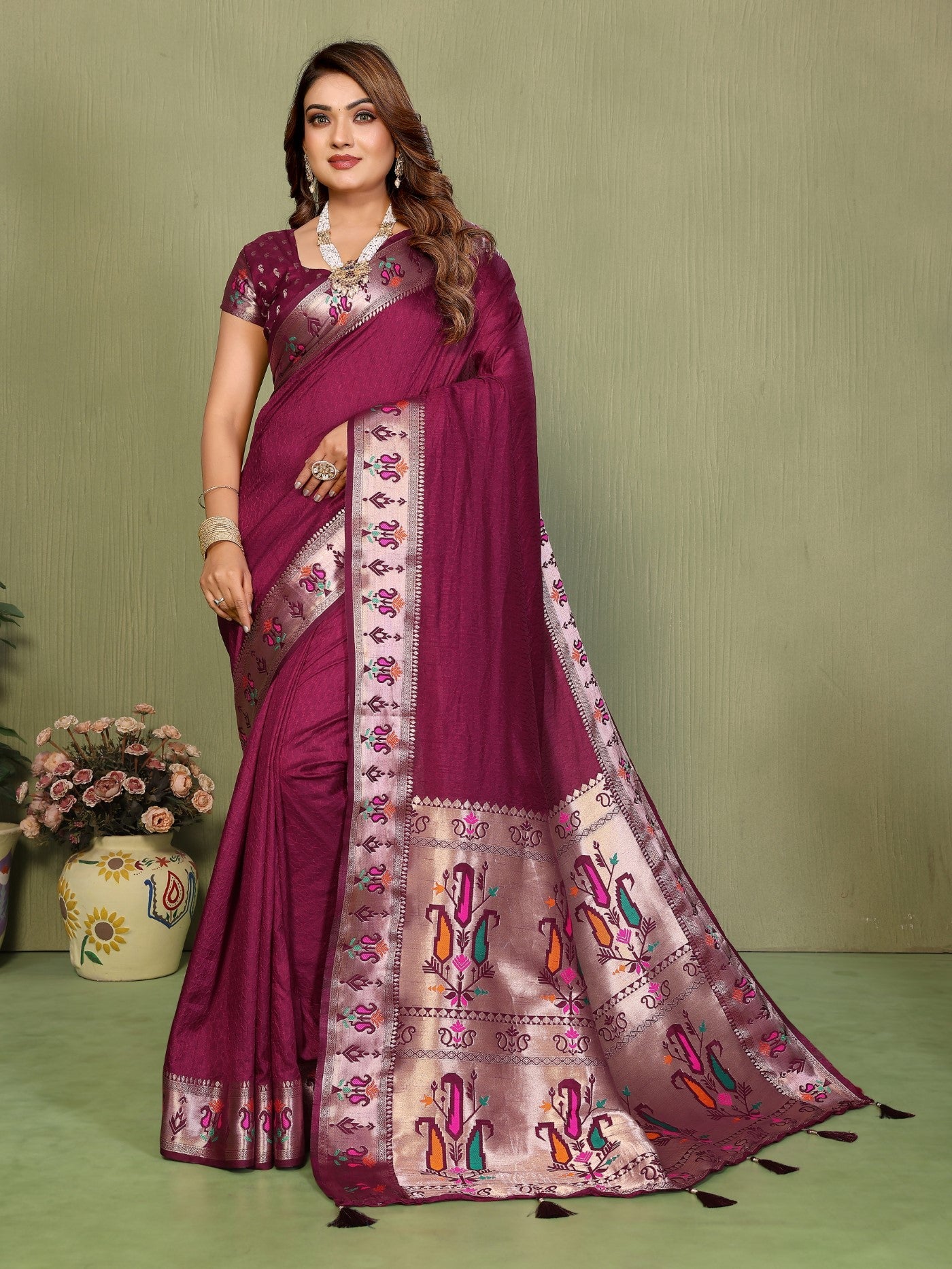 Wine Silk Saree With Classic Weaving