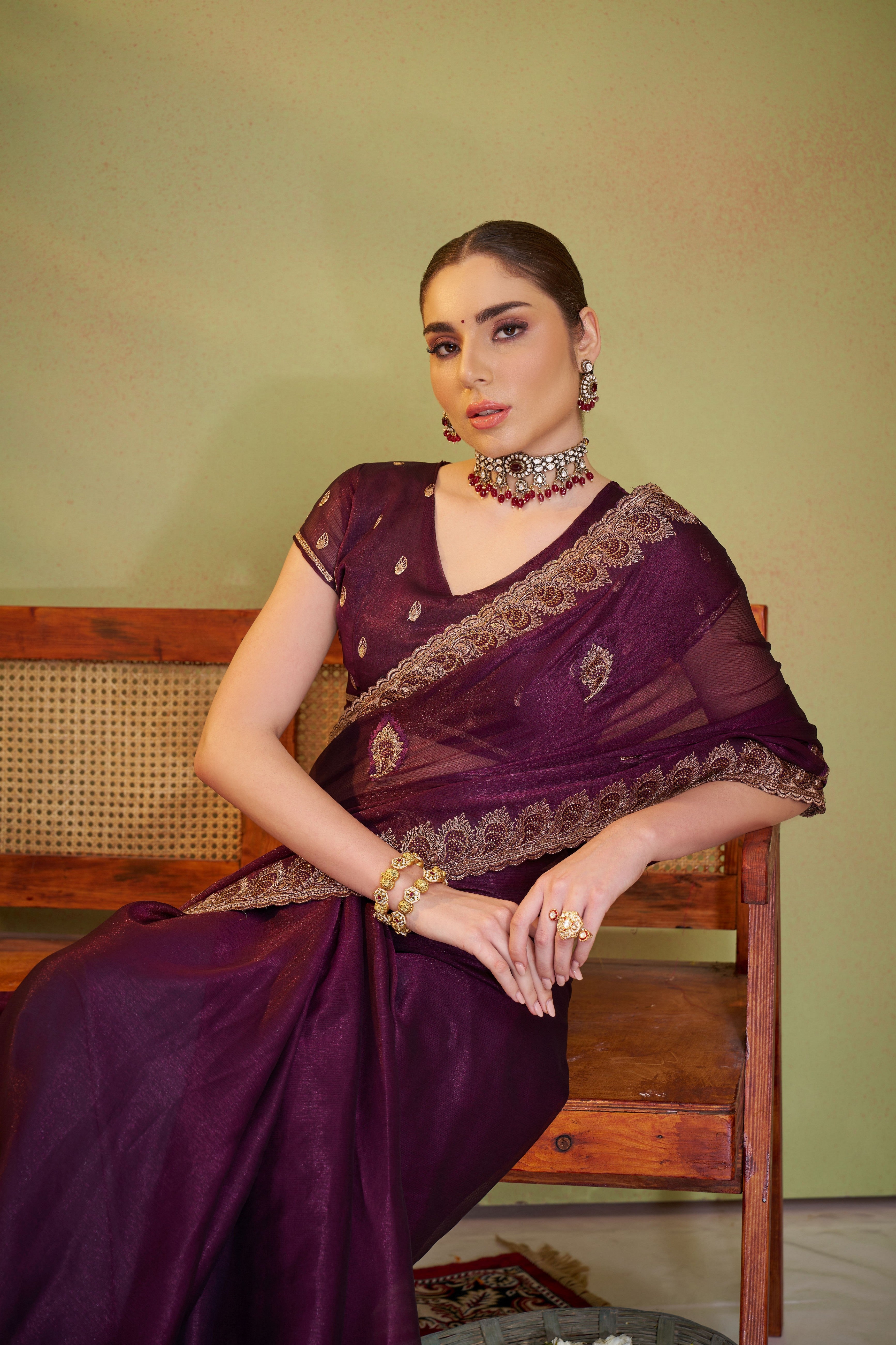 Wine Sitara Chiffon Designer Partywear Saree For Rich Indian Looks