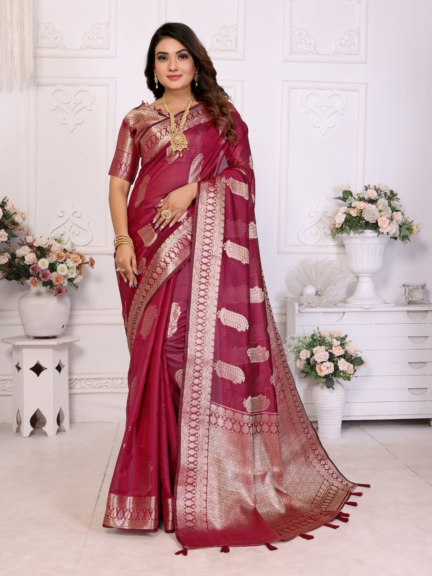 Wine Soft Organza Silk Saree With Elegant Weaving