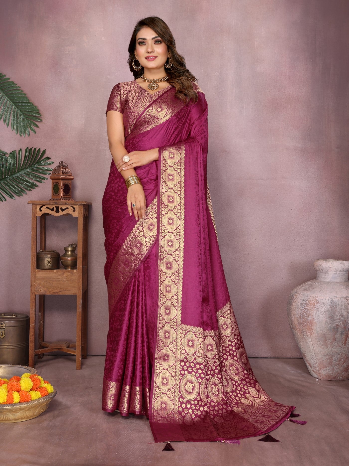 Wine Soft Satin Silk Saree With Designer Zari Weaving