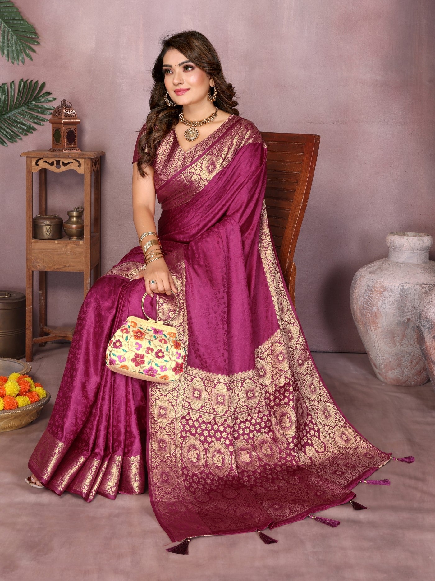 Wine Soft Satin Silk Saree With Designer Zari Weaving