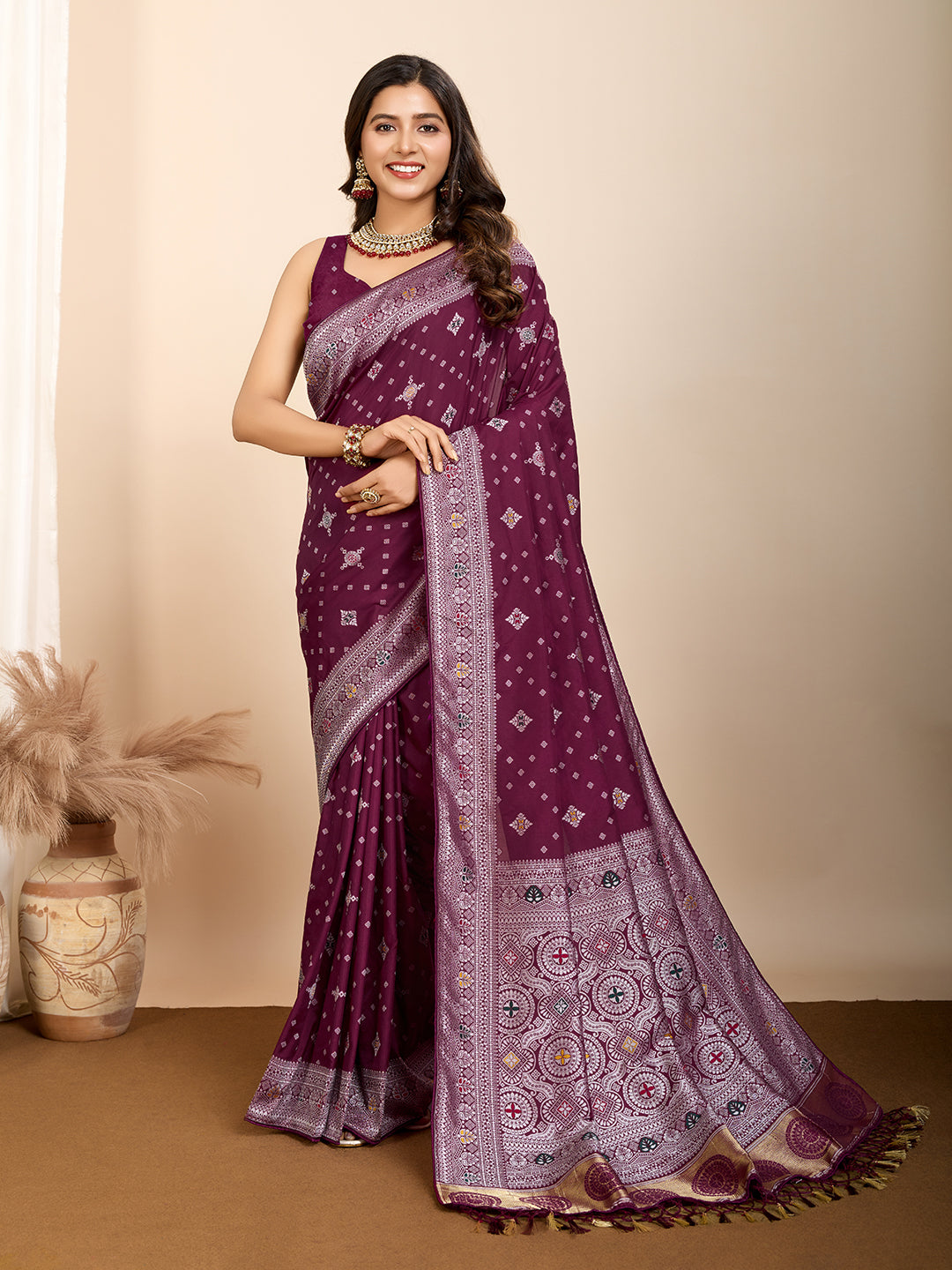 Wine Soft Silk Woven Meenakari Designer Ethnic Saree