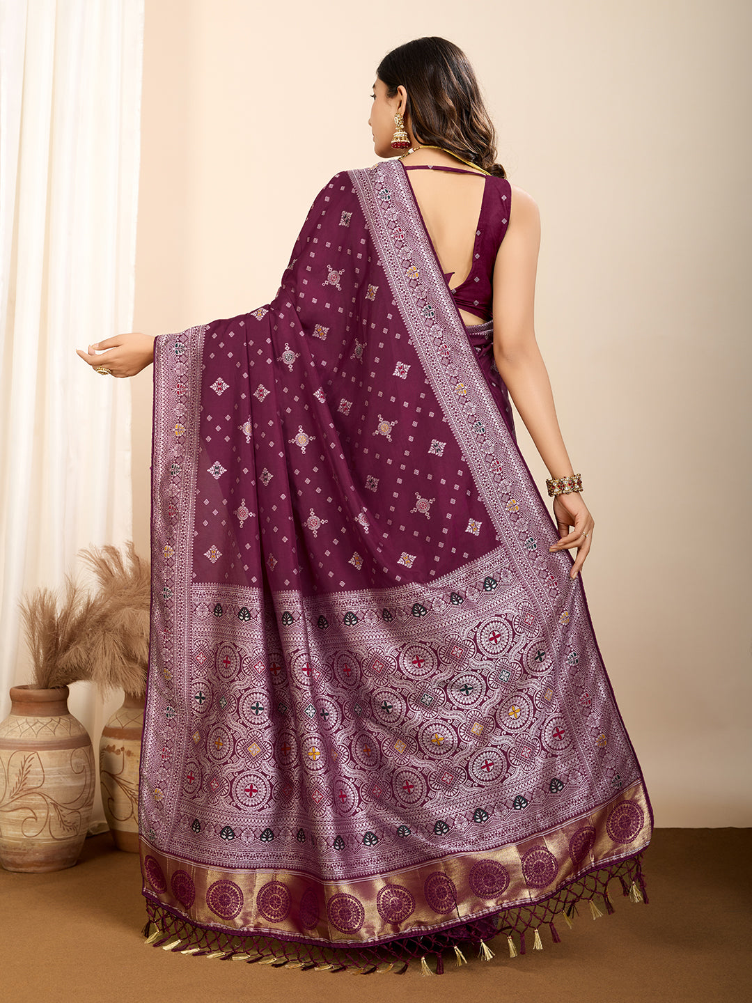 Wine Soft Silk Woven Meenakari Designer Ethnic Saree