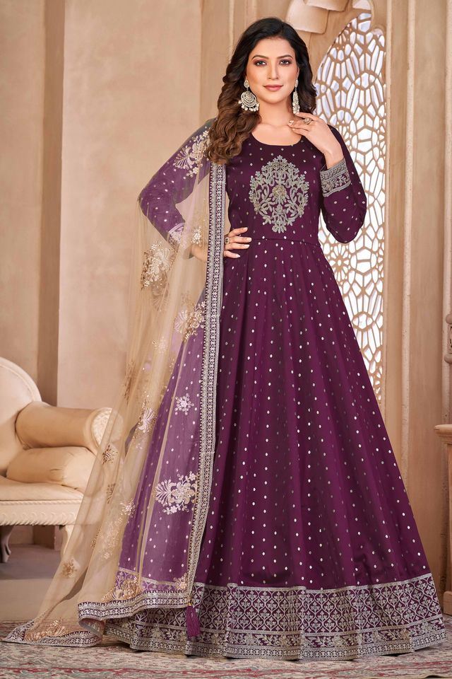 Wine Taffeta Butti Heavy Thread Embroidery Sequins Work  Anarkali Suits