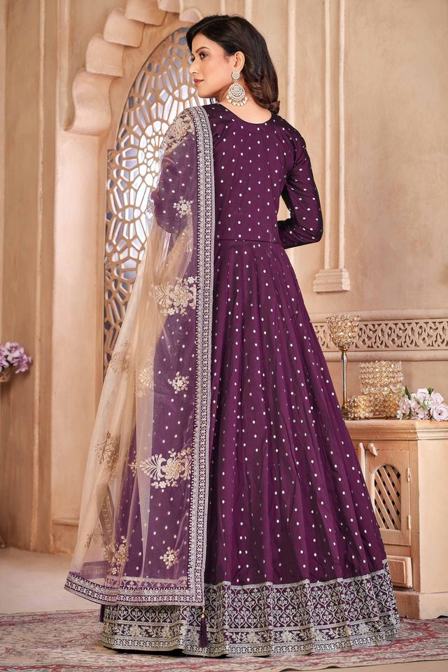 Wine Taffeta Butti Heavy Thread Embroidery Sequins Work  Anarkali Suits