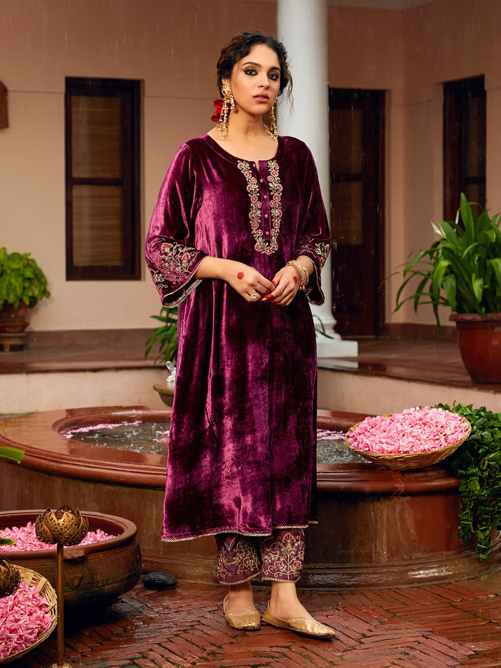 Wine Velvet Kurta Pant Set With Heavy Thread Embroidery Work