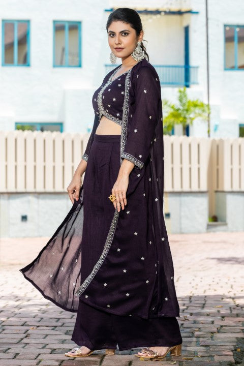Wine Vichirta Silk Crop Top With  Thread Embroidery Work