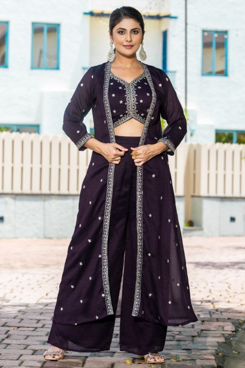 Wine Vichirta Silk Crop Top With  Thread Embroidery Work