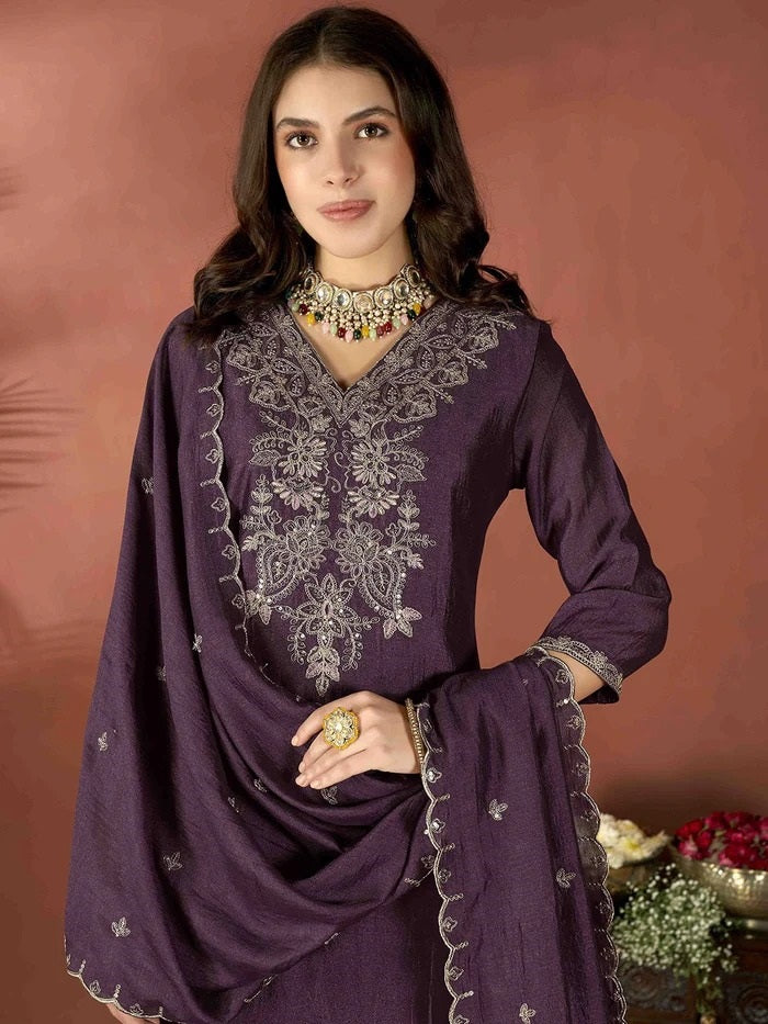 Wine Vichitra Kurta Pant Set With Heavy Thread Embroidery Work