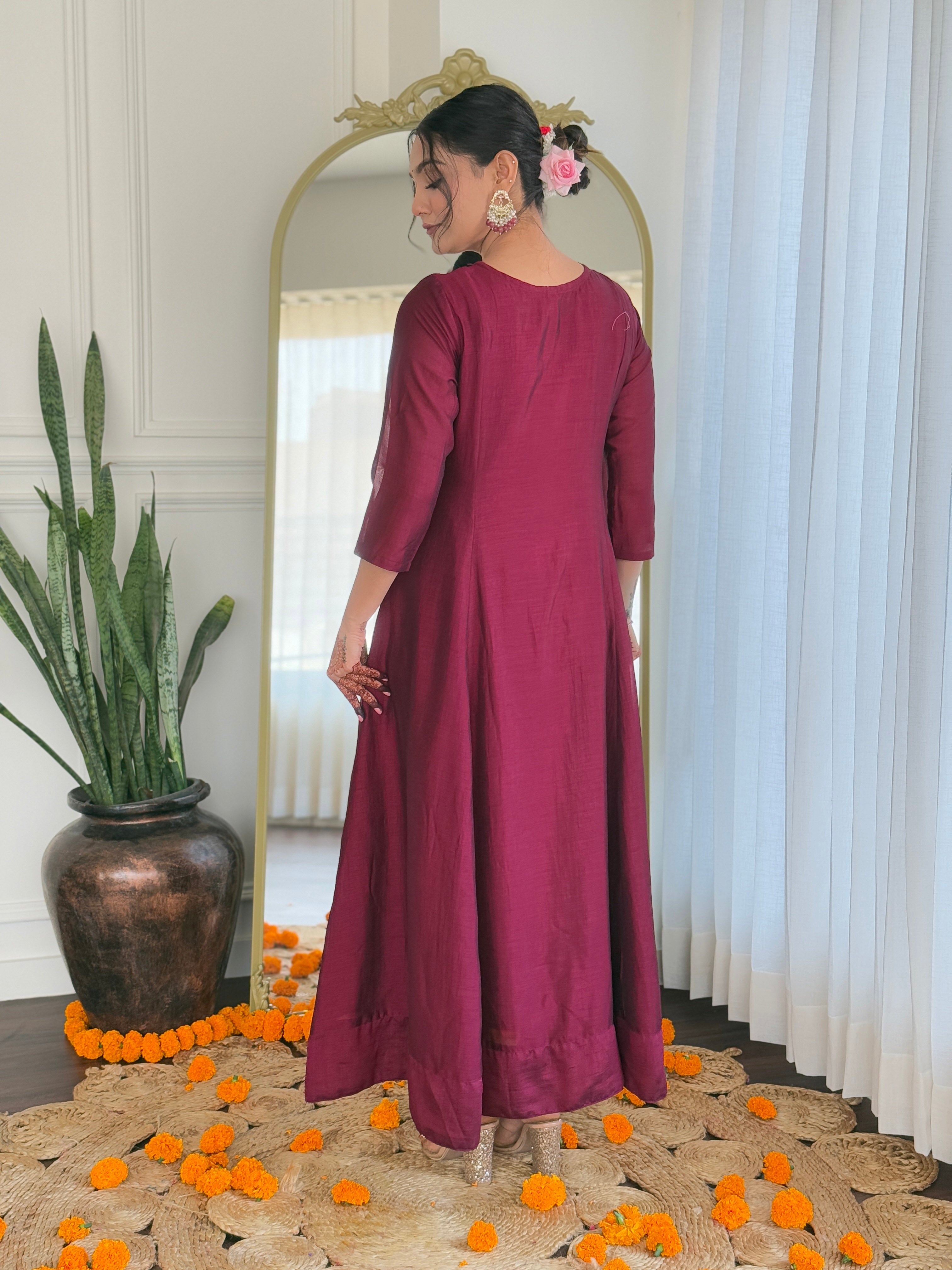 Wine Vichitra Silk Elegant Kurta Pant Set With Embroidery Work