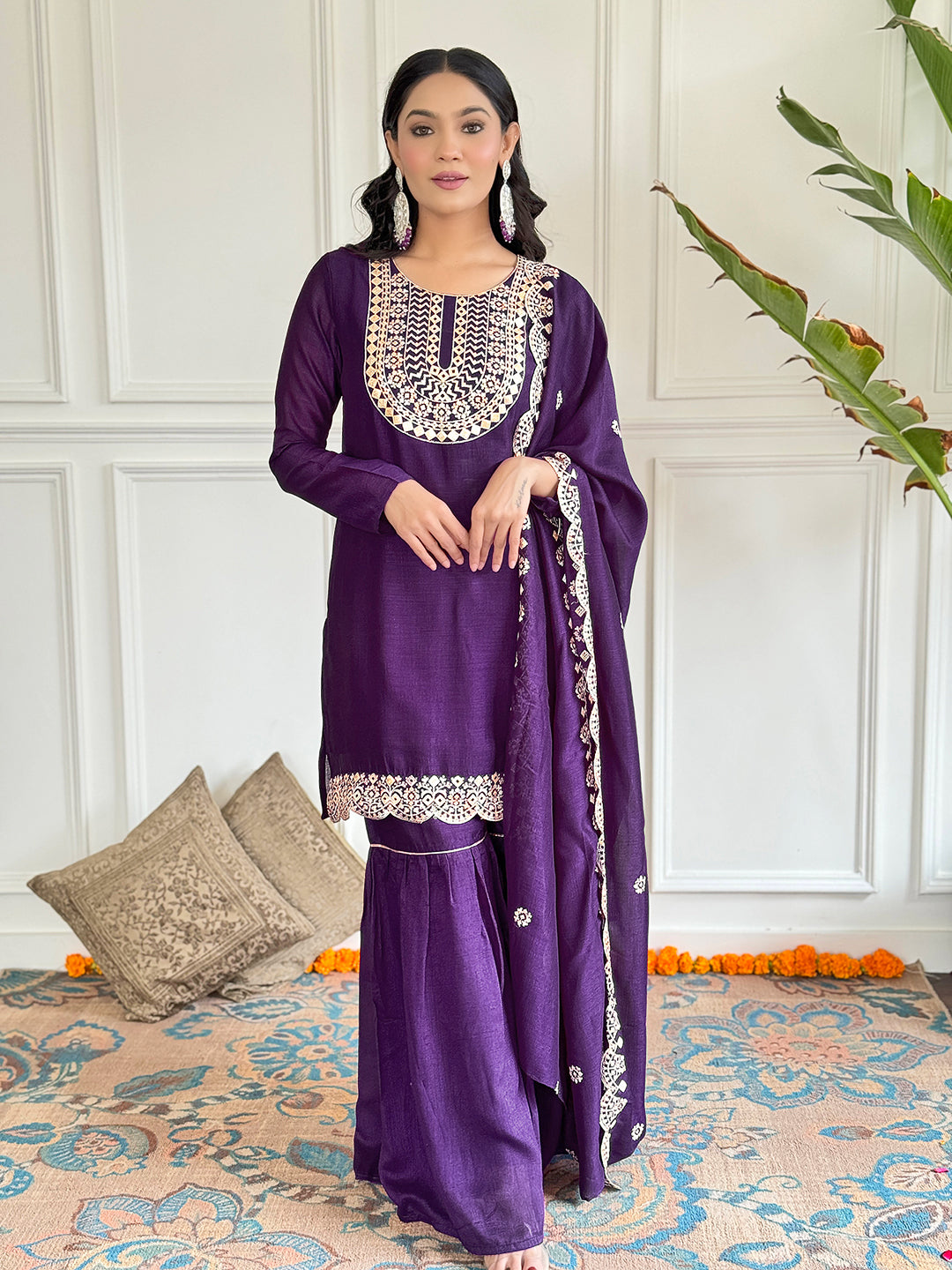 Wine Vichitra Silk Elegant Kurta Pant Set With Embroidery Work