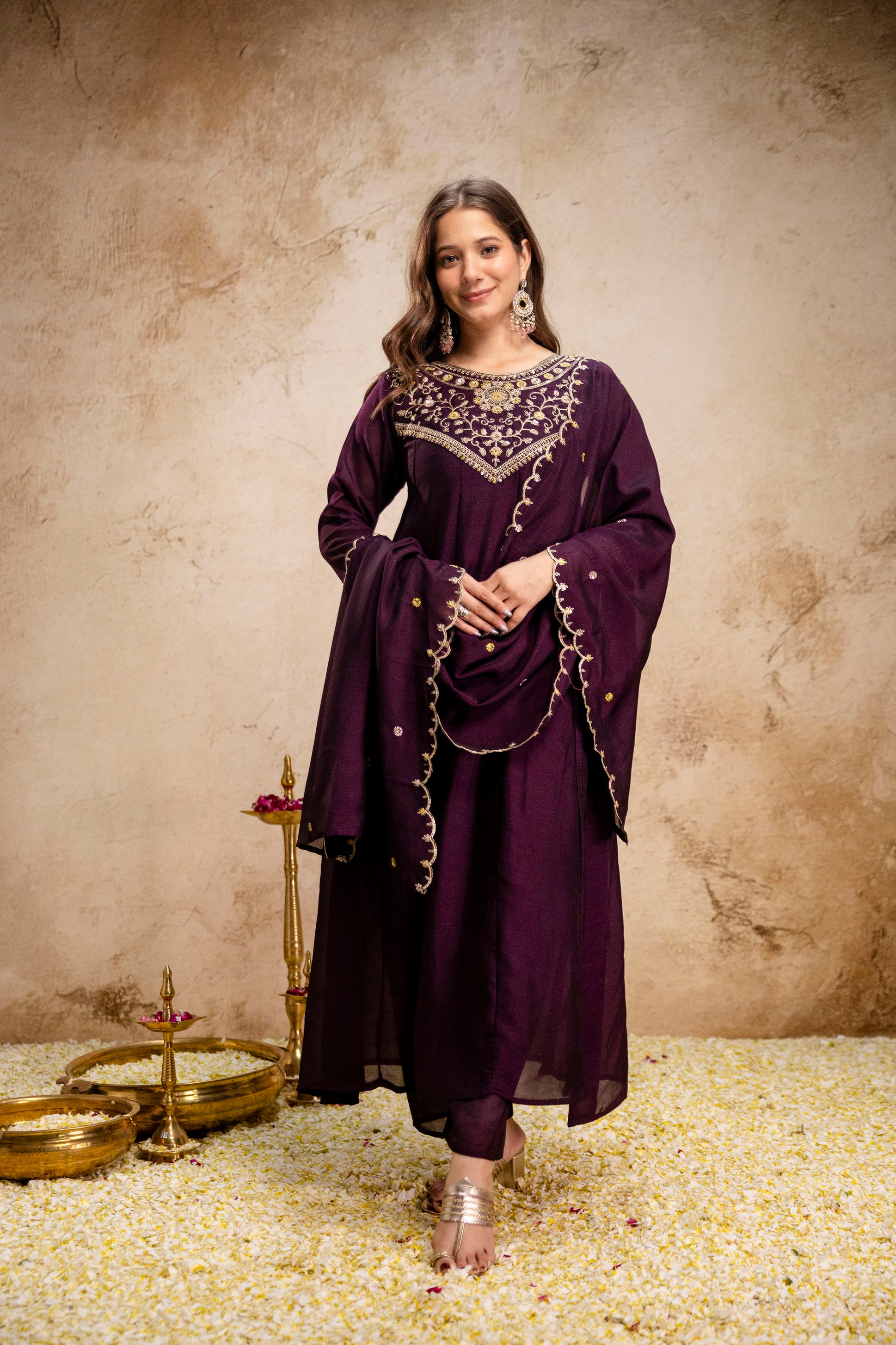 Wine Vichitra Silk Kurta Pant Set With Heavy Thread Embroidery Work