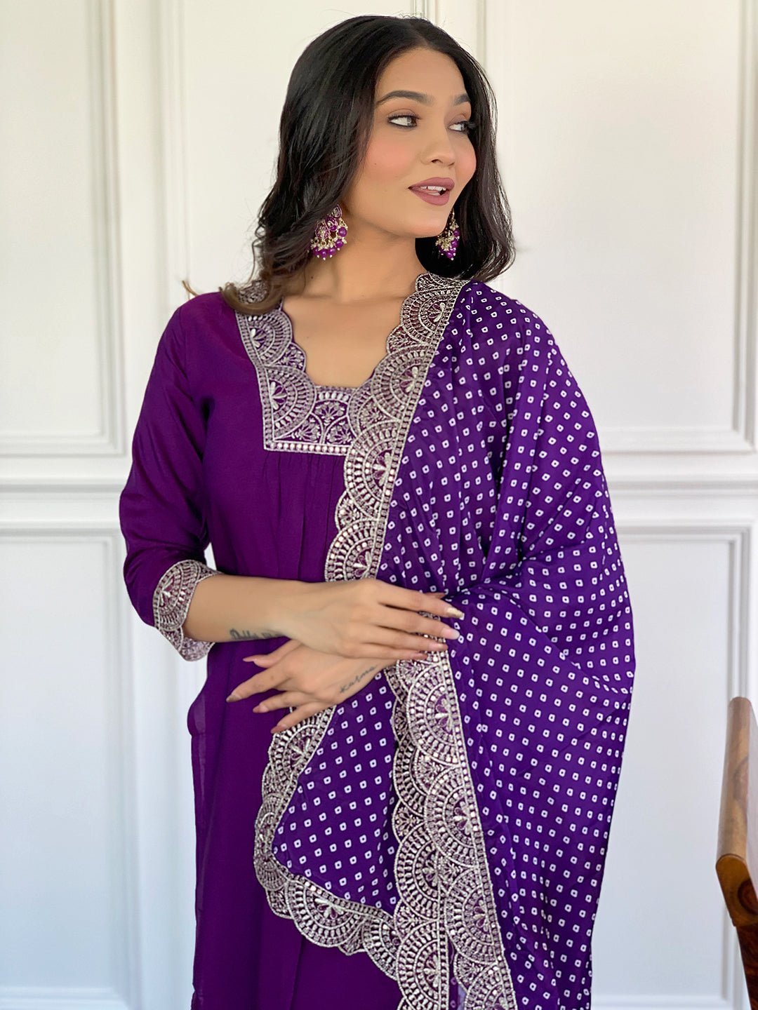 Wine Viscose Elegant Kurta Pant Set With Embroidery Work