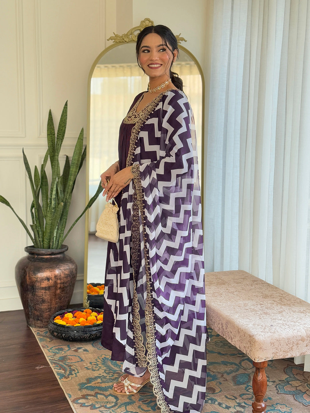 Wine Viscose Elegant Kurta Pant Set With Embroidery Work