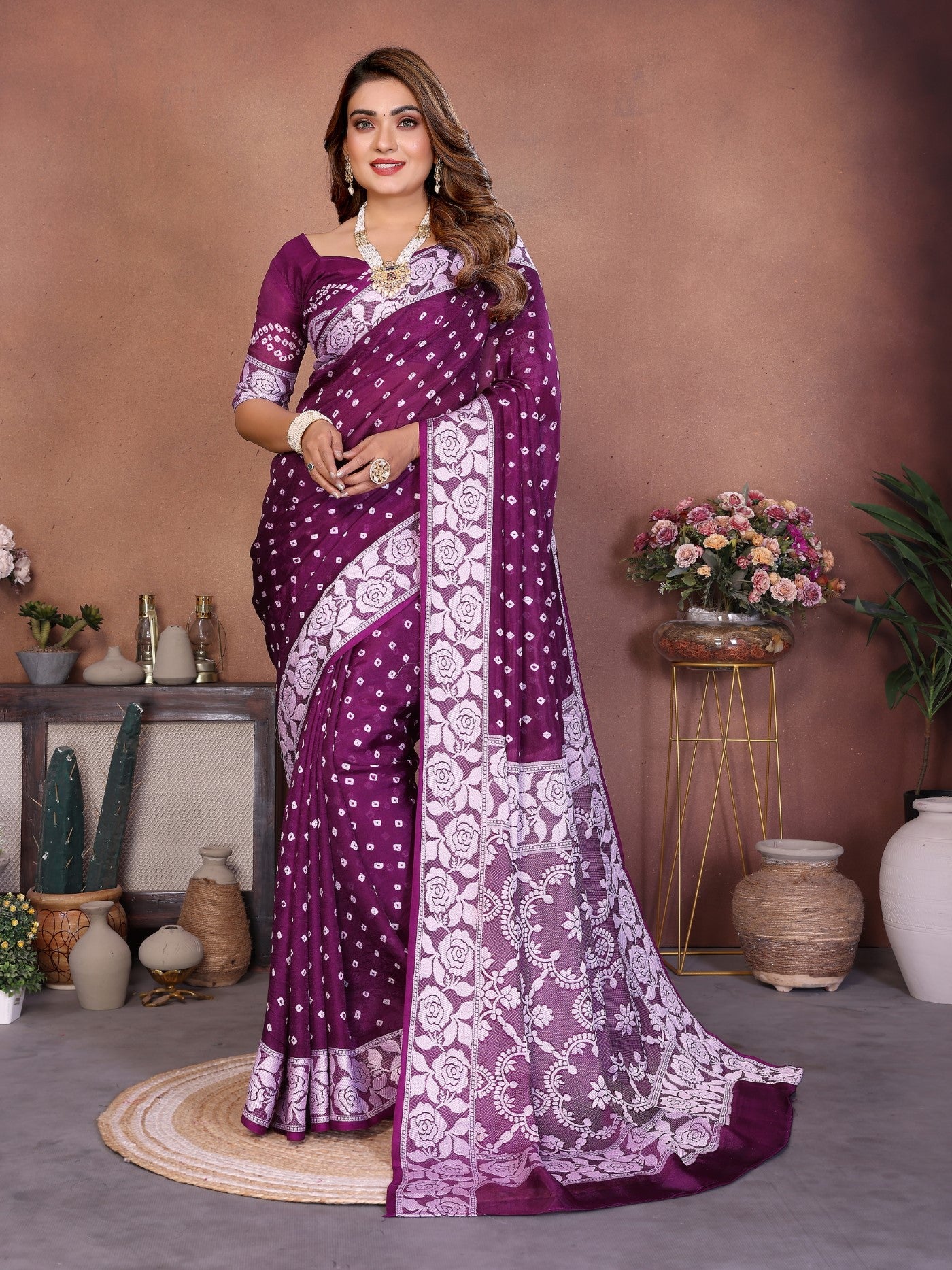 Wine Viscose Silk Saree With Handmade Original Bandhej