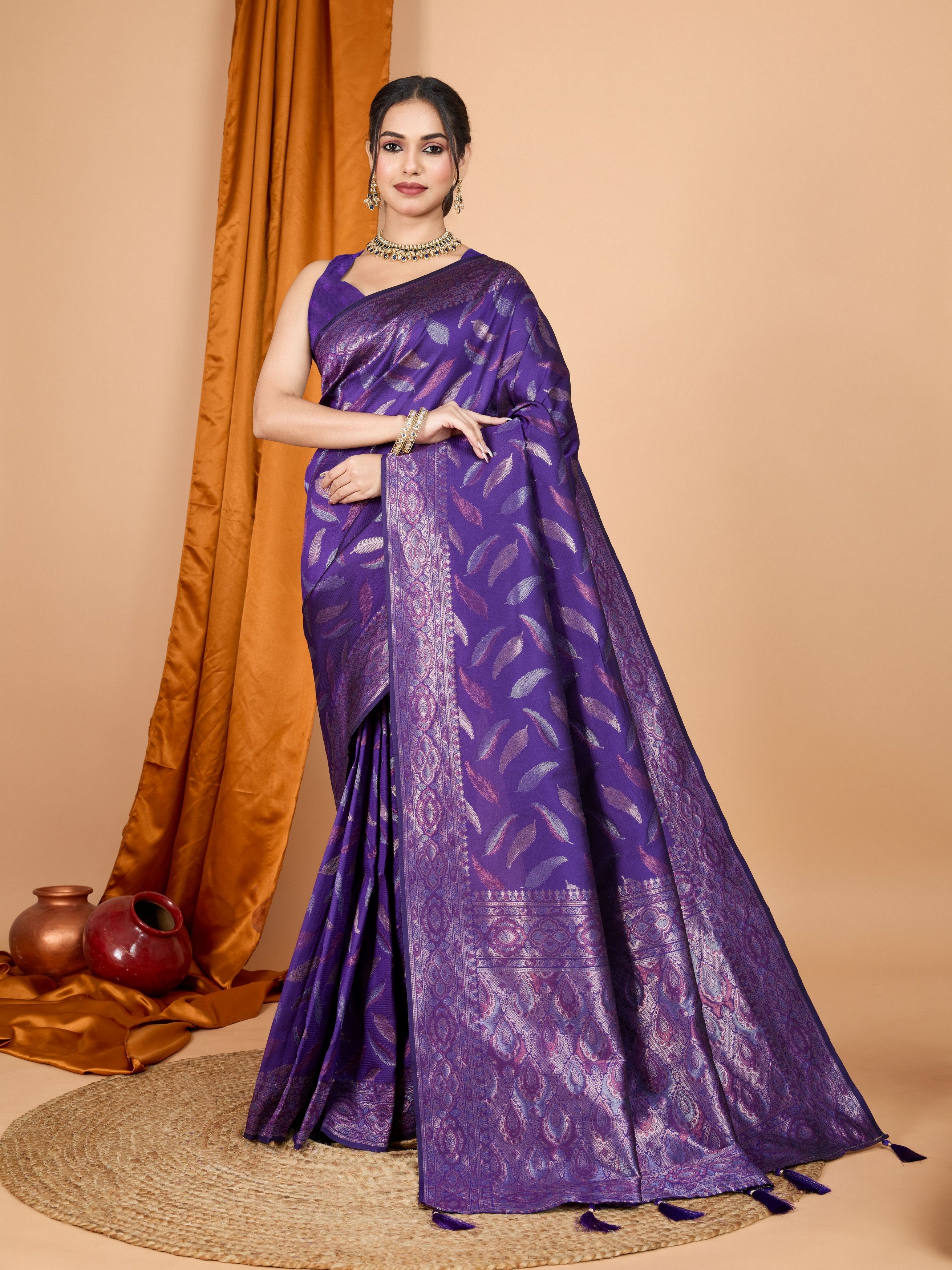Woven Double Jari Designer Lavender Soft Silk Partywear Saree