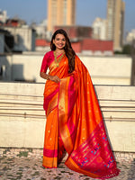 Woven Gold Jari Peacock Designer Orange Paithani Silk Ethnic Saree