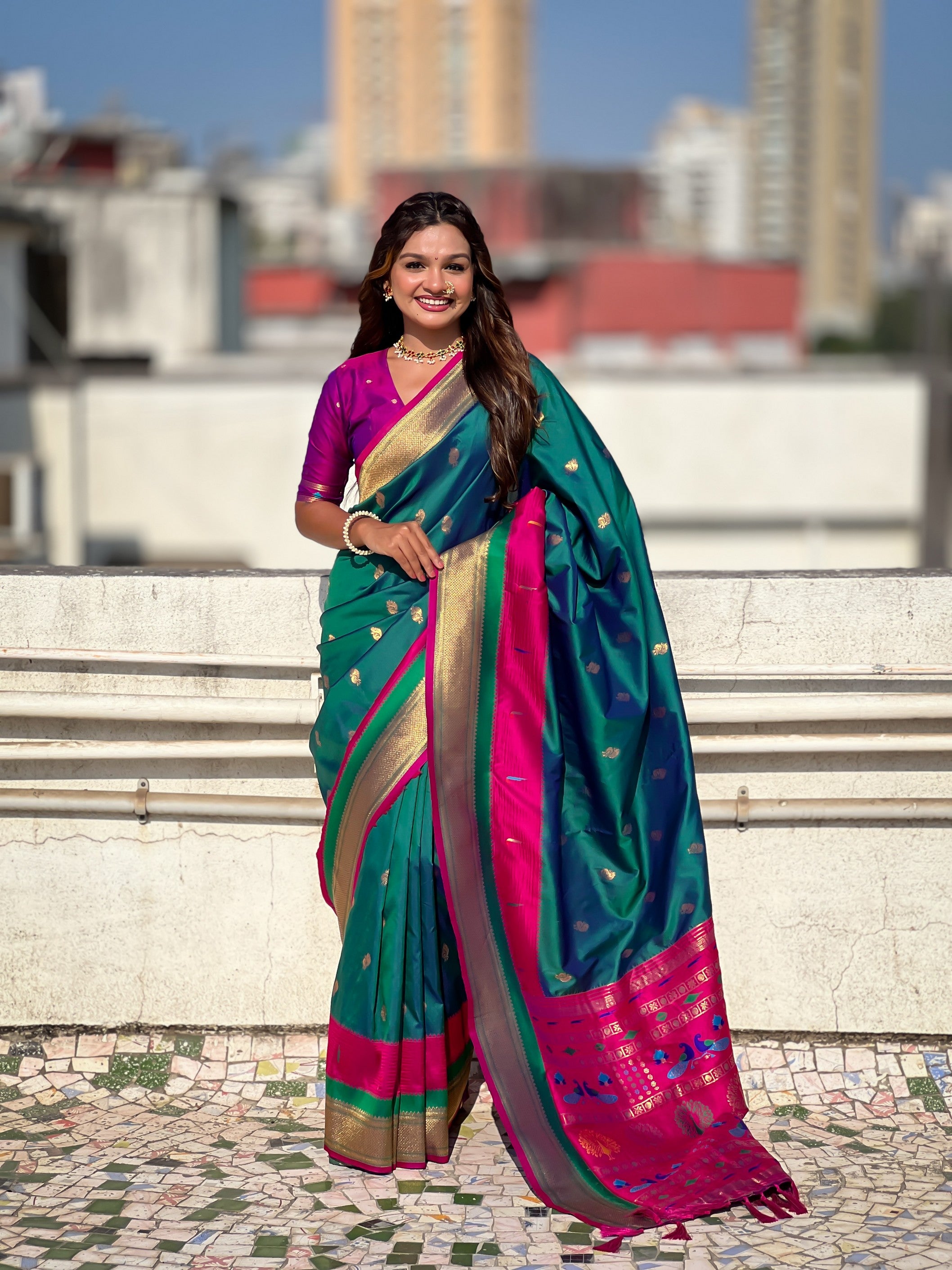 Woven Gold Jari Peacock Designer Sea Green Paithani Silk Ethnic Saree