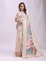Woven Jacquard Designer Cream Linen Cotton Ceremonial Saree