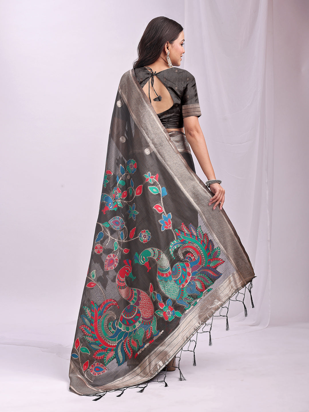 Woven Jacquard Designer Grey Linen Cotton Ceremonial Saree