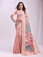 Woven Jacquard Designer Peach Linen Cotton Ceremonial Saree