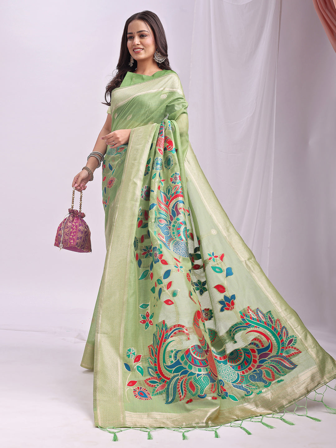 Woven Jacquard Designer Pista Linen Cotton Ceremonial Saree