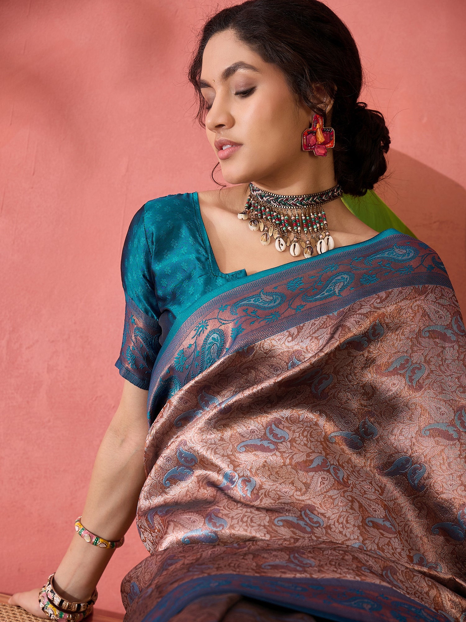 Woven Jacquard Designer Silk Blended Ethnic Partywear Ceremonial Teal Blue Saree