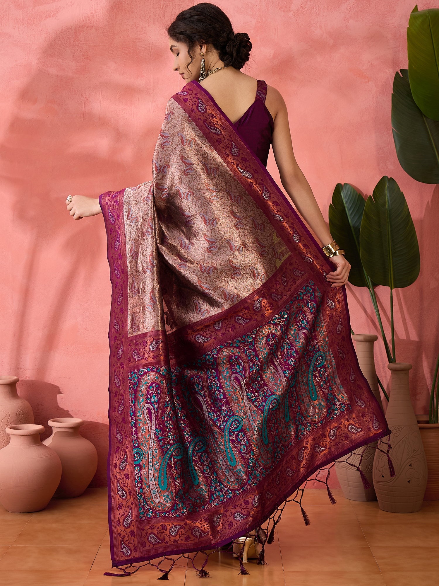 Woven Jacquard Designer Silk Blended Ethnic Partywear Ceremonial Wine Saree