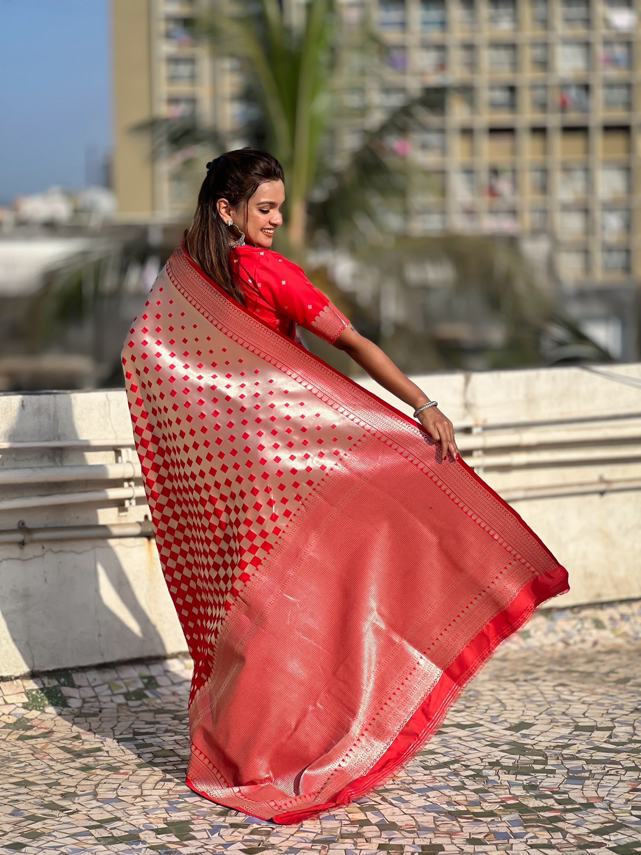 Woven Silver Jari Checks Designer Banarasi Silk Red Beautiful Saree
