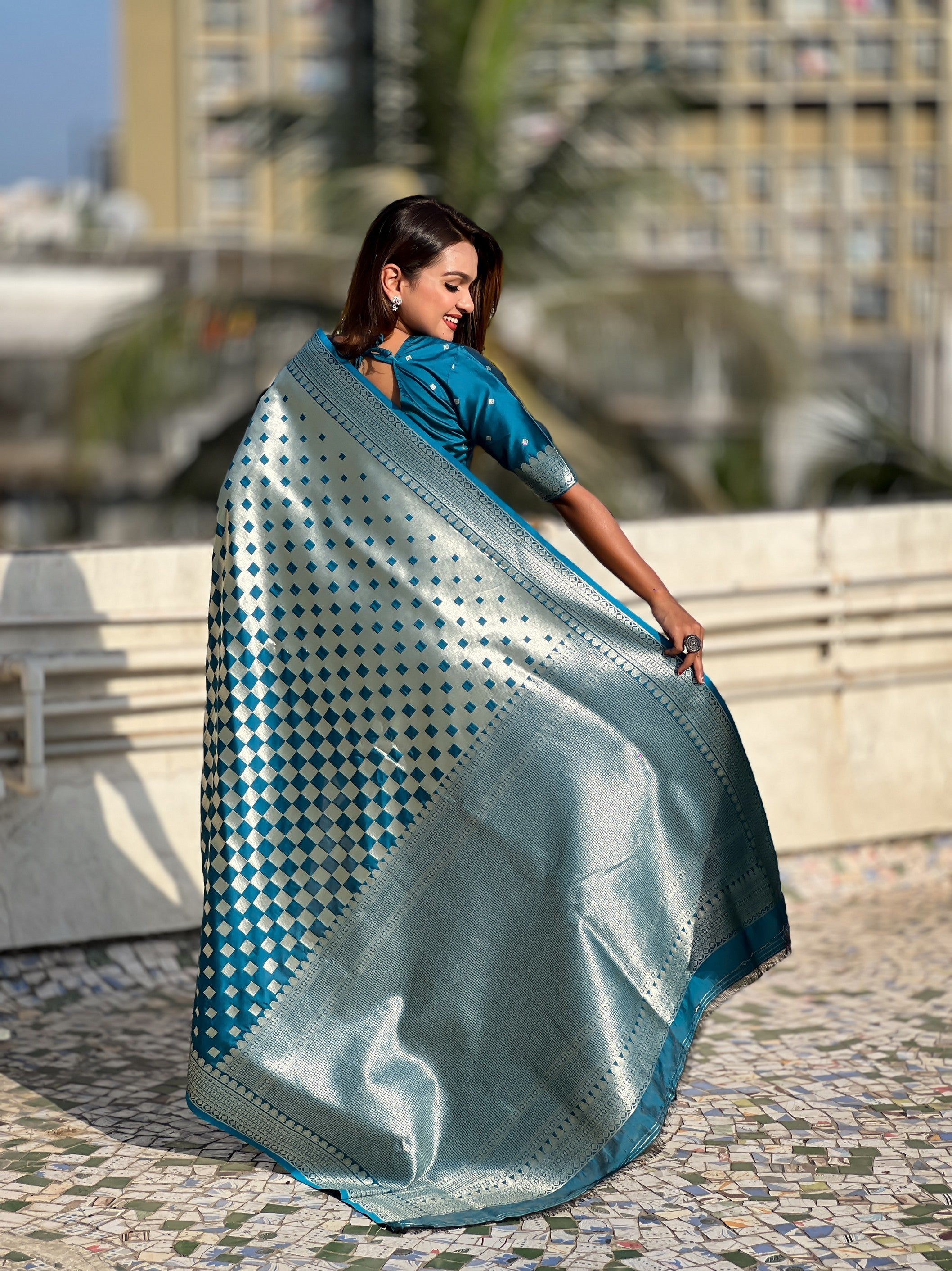 Woven Silver Jari Checks Designer Banarasi Silk Teal Blue Beautiful Saree