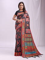 Woven Thread Designer Black Linen Cotton Traditional Rich Looks Saree