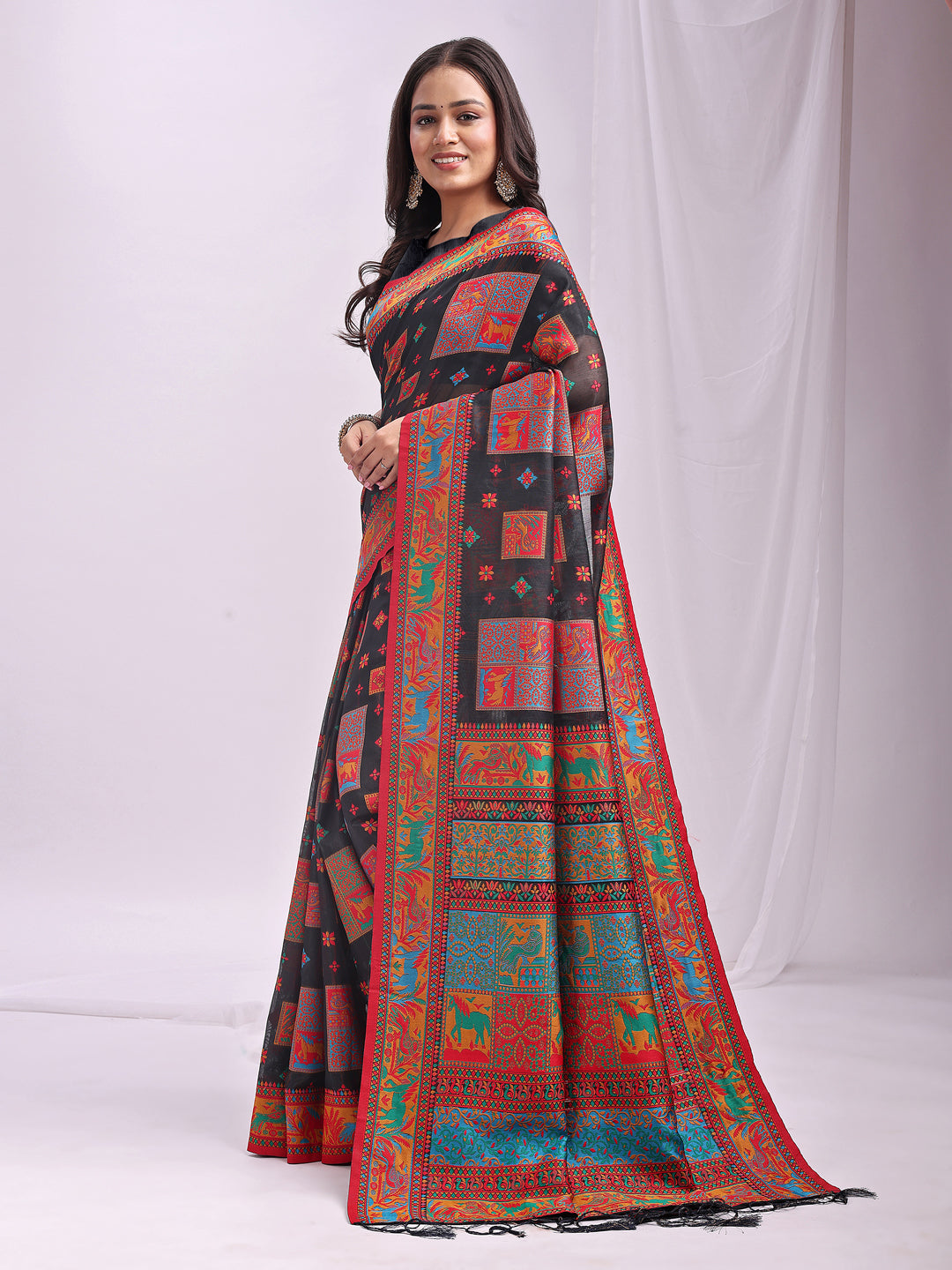 Woven Thread Designer Black Linen Cotton Traditional Rich Looks Saree