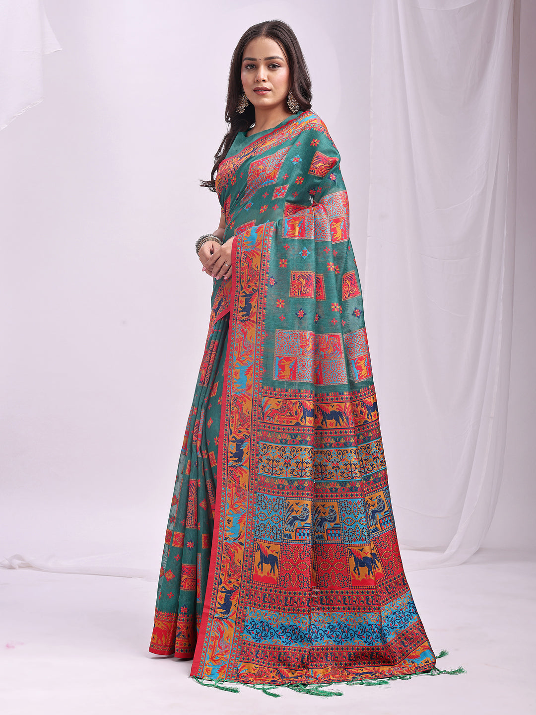 Woven Thread Designer Rama Green Linen Cotton Traditional Rich Looks Saree