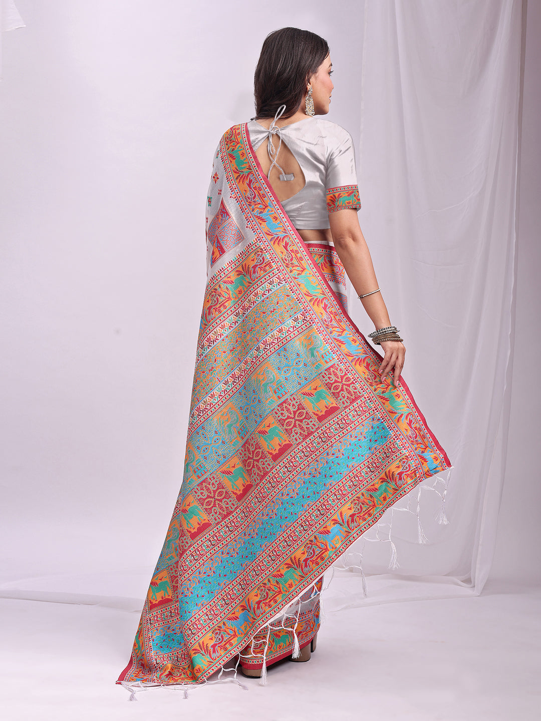 Woven Thread Designer White Linen Cotton Traditional Rich Looks Saree