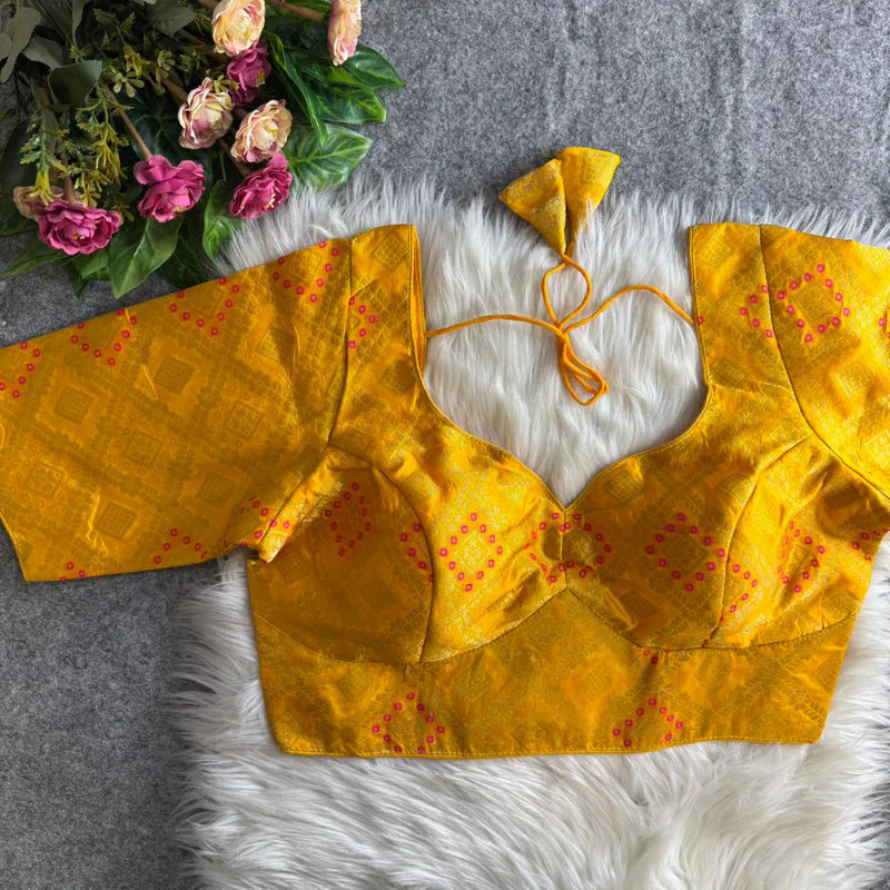 Yellow Banarasi Jacquard Patola Designer Blouse  Silk Partywear Readymade Blouse