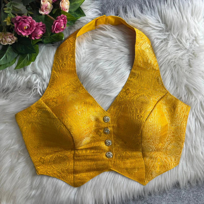 Yellow Banarasi Jacquard Silk Halter Neck Blouse with Embroidery & Sequins