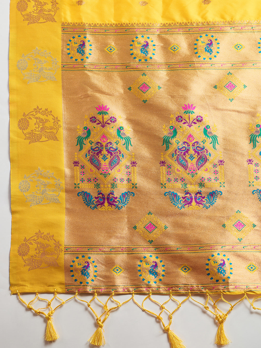 Yellow Banarasi Silk Saree with Silver Butti and Paithani Pallu