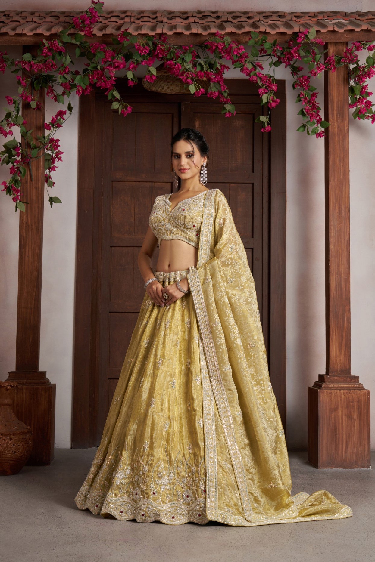 Yellow Banarasi Tissue Haldi Special Designer Lehenga Choli