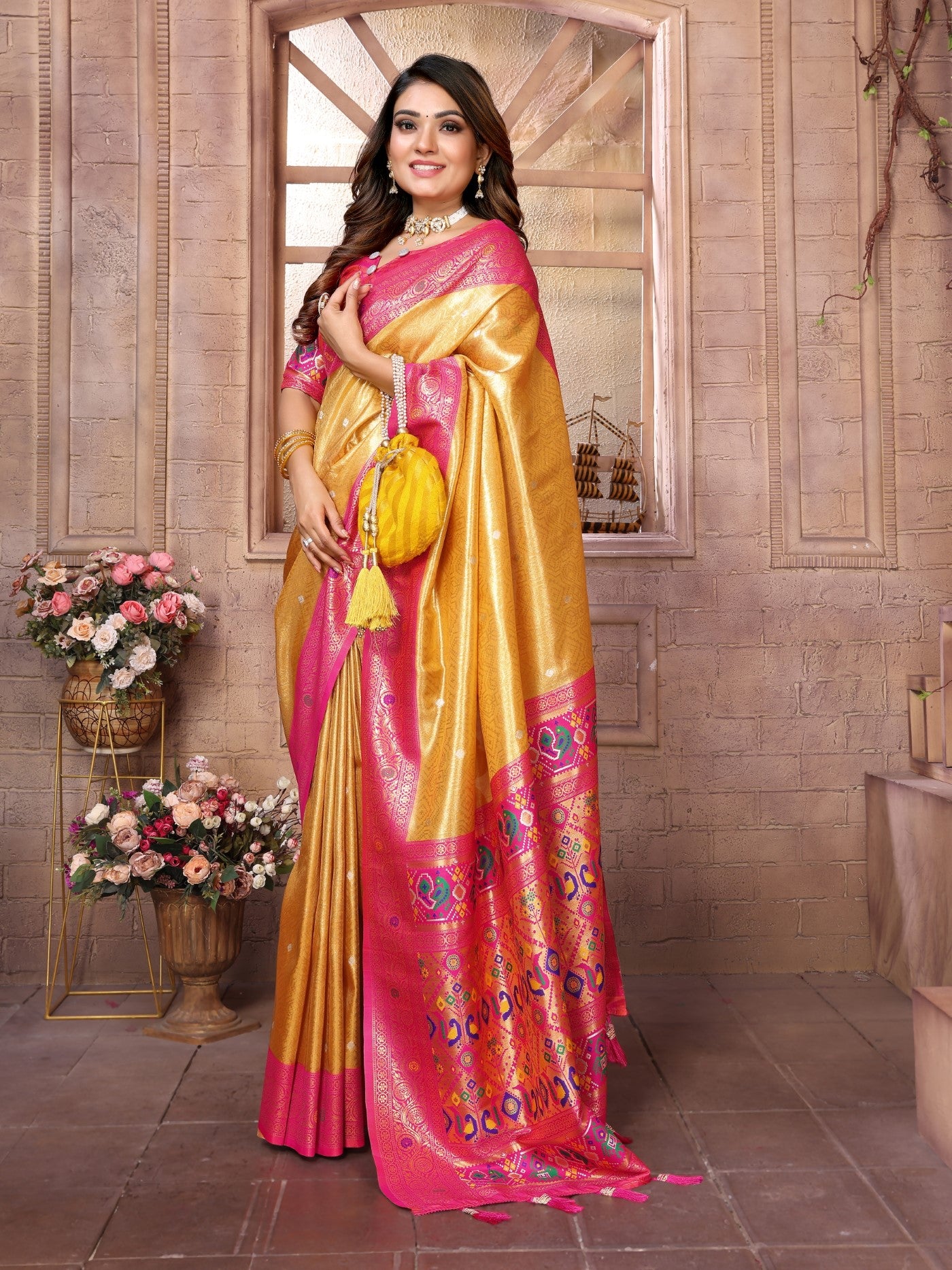 Yellow Banarasi Tissue Silk Saree With Traditional Weaving