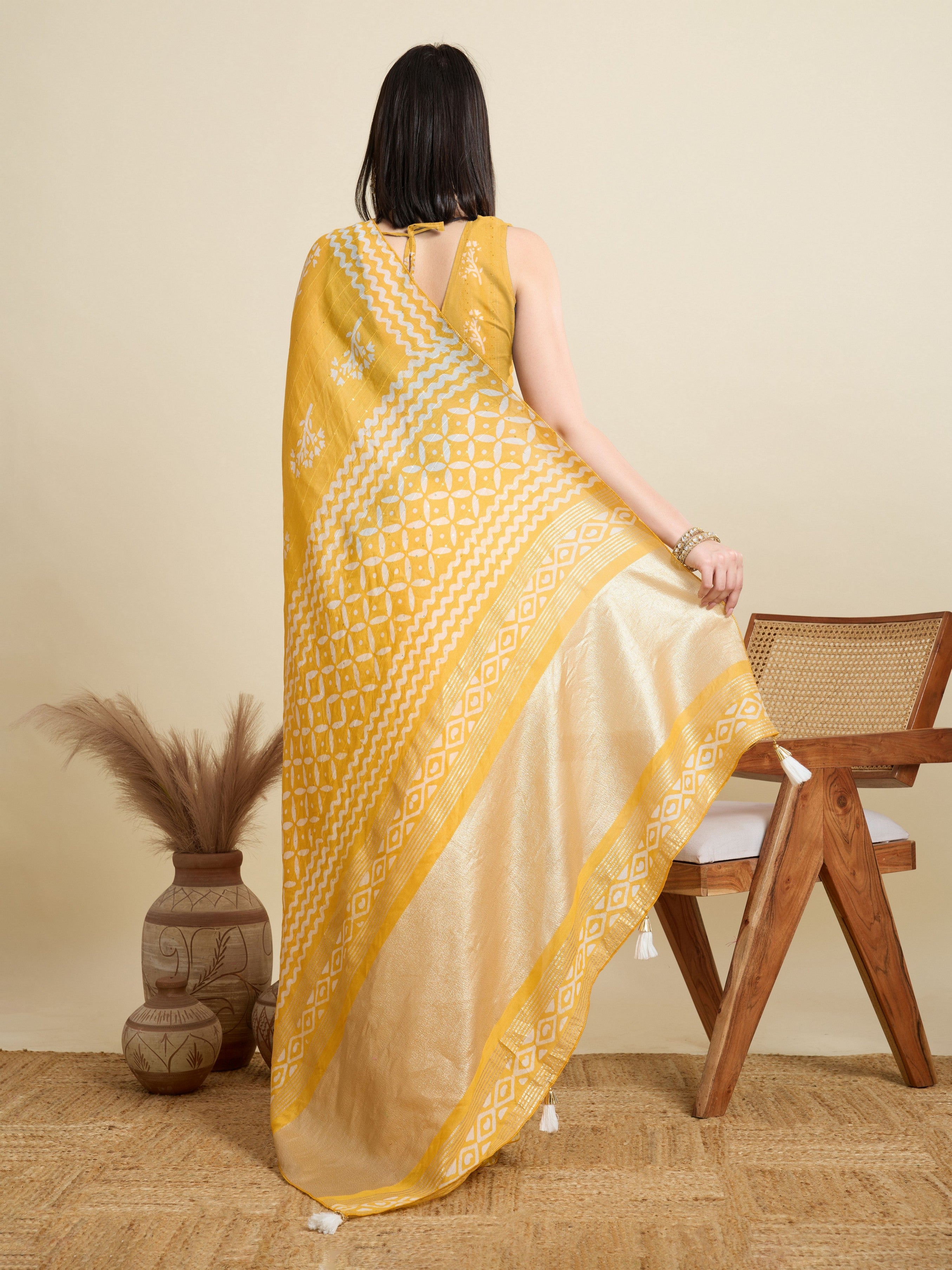 Yellow Blended Cotton Ethnic Festive Saree